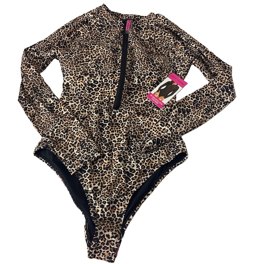 NEW BETSEY JOHNSON Long Sleeve Scuba One Piece Zip Front Swimsuit Leopard L $128